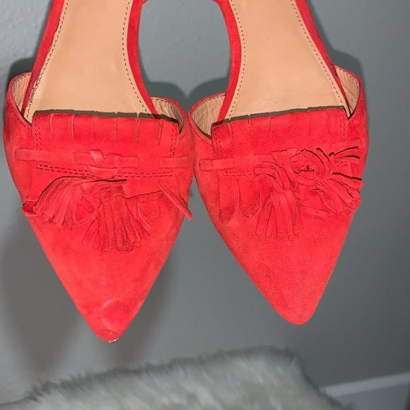 PUBLIC STORAGE TOOK J. CREW bright Red leather pointed Flats Sz 8 fringe suede - Picture 4 of 16